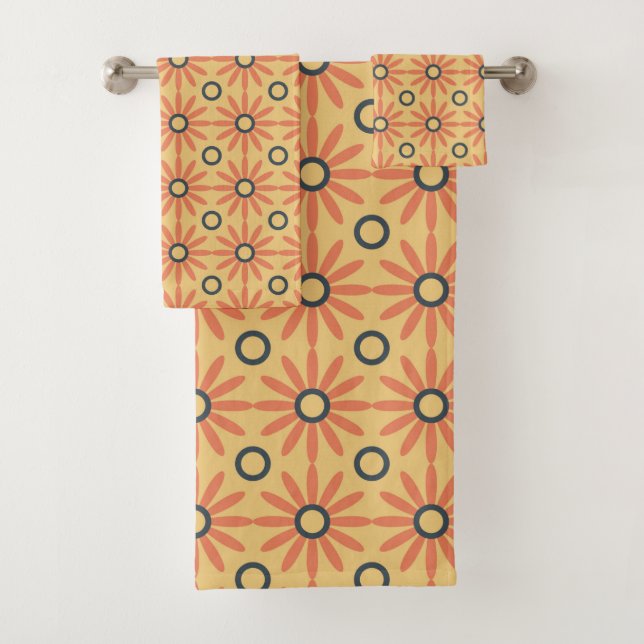 Retro Orange & Black Cute Abstract Floral Pattern Bath Towel Set (Insitu)