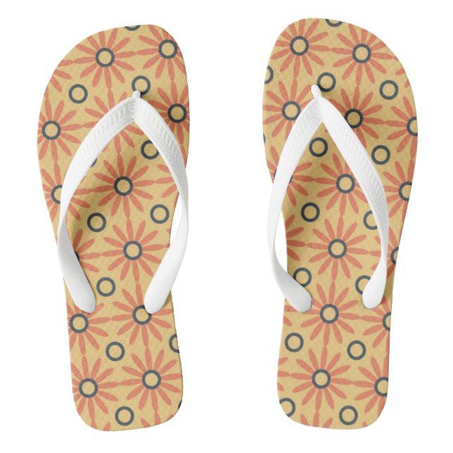 Retro Orange & Black Cute Abstract Floral Pattern Flip Flops (Footbed)