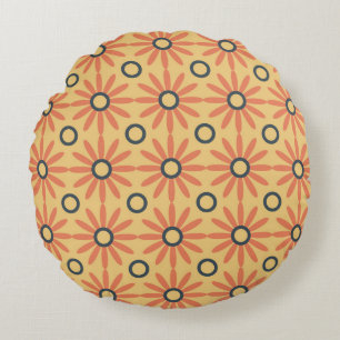 Retro Orange & Black Cute Abstract Floral Pattern Round Pillow
