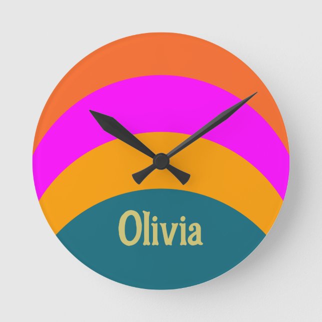 Retro Orange Blue and Magenta Name Colourful Round Clock (Front)