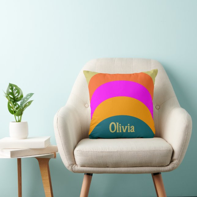 Retro Orange Blue and Magenta Name Text Template Throw Pillow (Chair)
