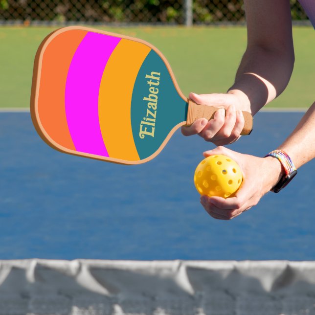 Retro Orange Blue and Magenta with Name Pickleball Paddle (Insitu)