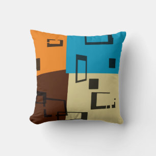Retro Orange, Blue, Brown, Cream Abstract Art Throw Pillow