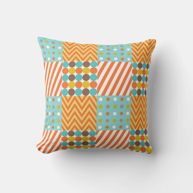 Retro Orange Blue Mustard Yellow Patchwork Pattern Throw Pillow (Front)