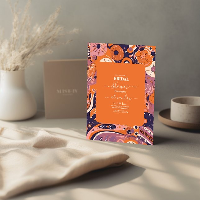 Retro orange blush pink purple groovy bridal invitation (Creator Uploaded)