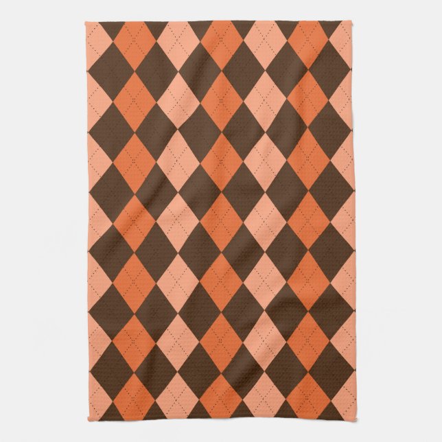 Retro Orange & Brown Autumn Argyle Kitchen Towel (Vertical)