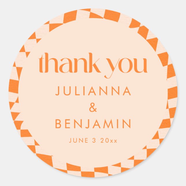 Retro Orange Check Custom Wedding Thank You Classic Round Sticker (Front)