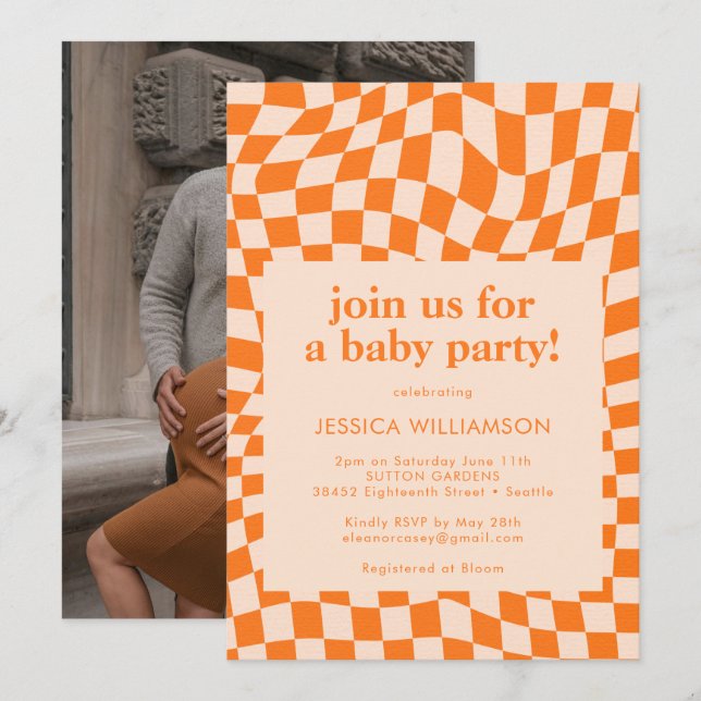 Retro Orange Chequerboard Baby Shower Photo Invitation (Front/Back)