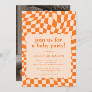 Retro Orange Chequerboard Baby Shower Photo Invitation