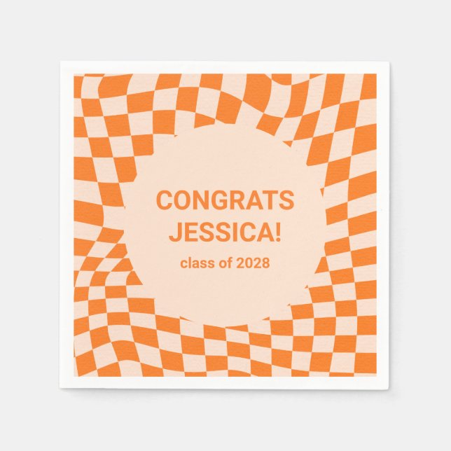 Retro Orange Chequerboard Graduation Party Custom  Napkin (Front)