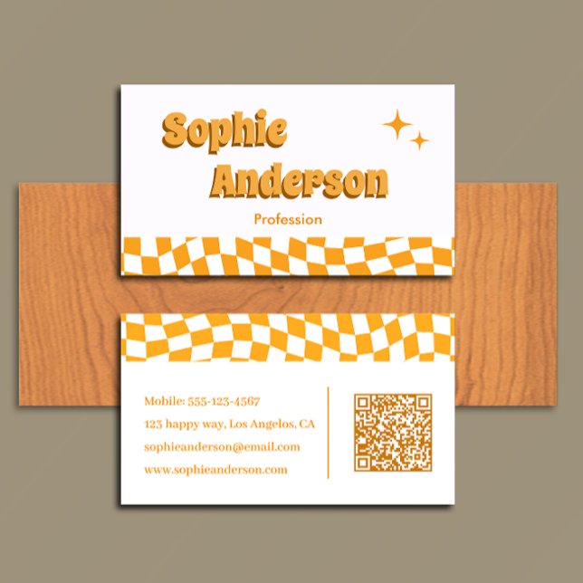 Retro Orange Chequerboard with QR Code Business Card (Creator Uploaded)