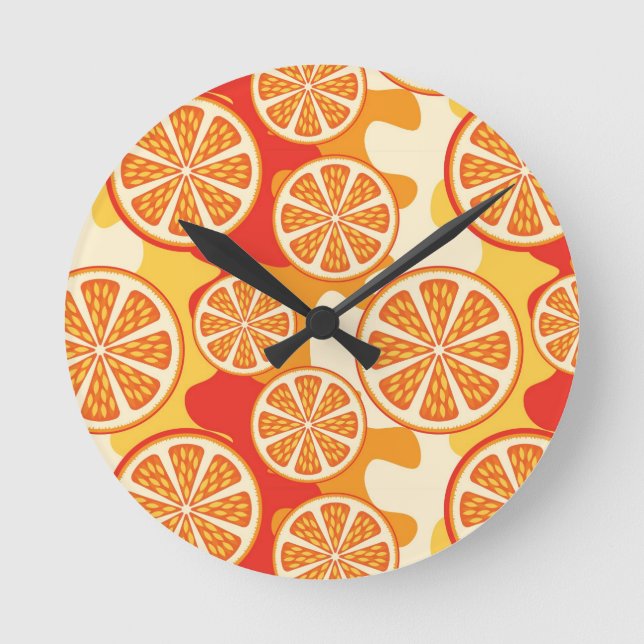 Retro Orange Citrus Pattern Round Clock (Front)