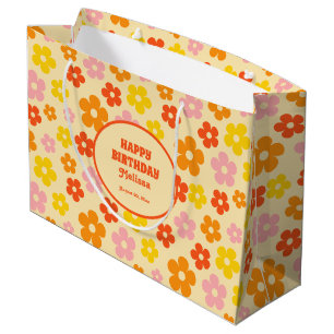 Retro Orange Colorful Boho Flower Happy Birthday Large Gift Bag