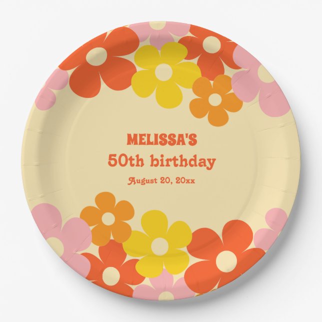 Retro Orange Colourful Boho Flower 50th Birthday Paper Plate (Front)