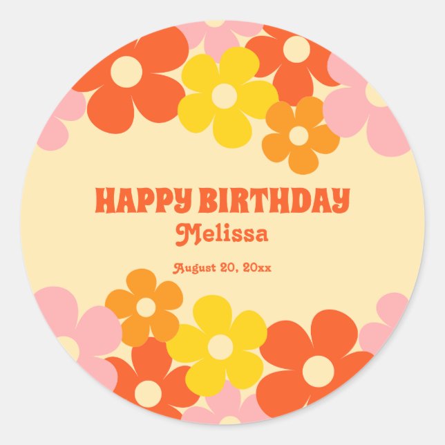 Retro Orange Colourful Boho Flower Happy Birthday Classic Round Sticker (Front)