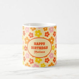 Retro Orange Colourful Boho Flower Happy Birthday  Coffee Mug