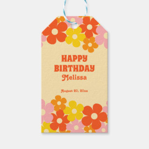 Retro Orange Colourful Boho Flower Happy Birthday Gift Tags