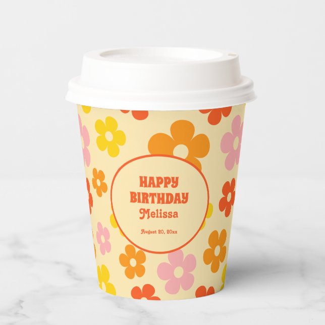 Retro Orange Colourful Boho Flower Happy Birthday Paper Cups (Front)