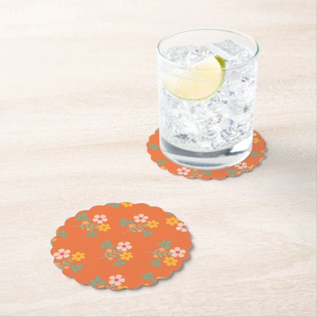 Retro Orange Daisy Bouquet Pattern  Paper Coaster (Insitu)