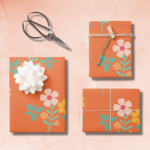 Retro Orange Daisy Bouquet Pattern Wrapping Paper Sheet