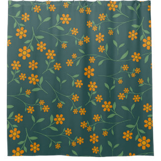 Retro Orange Floral Dark Teal Pattern