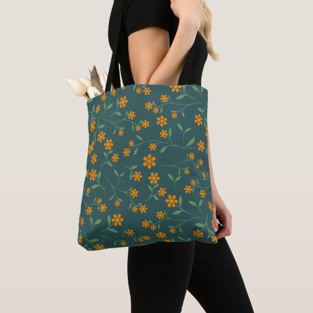 Retro Orange Floral Dark Teal Pattern Tote Bag (Close Up)
