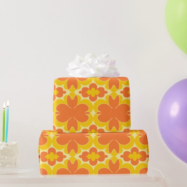 Retro Orange Floral Design on Mustard Yellow Wrapping Paper (Party Gifts)