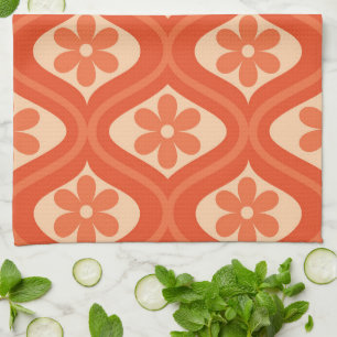 Retro Orange Flowers Pattern on Vintage Ogee Kitchen Towel