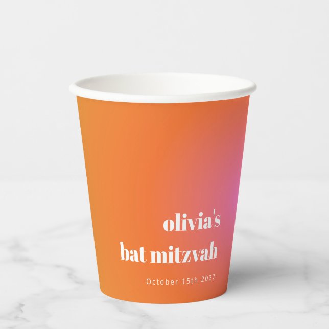 Retro Orange Gradient Unique Bat Mitzvah Custom Paper Cups (Front)