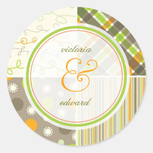 Retro Orange Green Combo Pattern Wedding Sticker