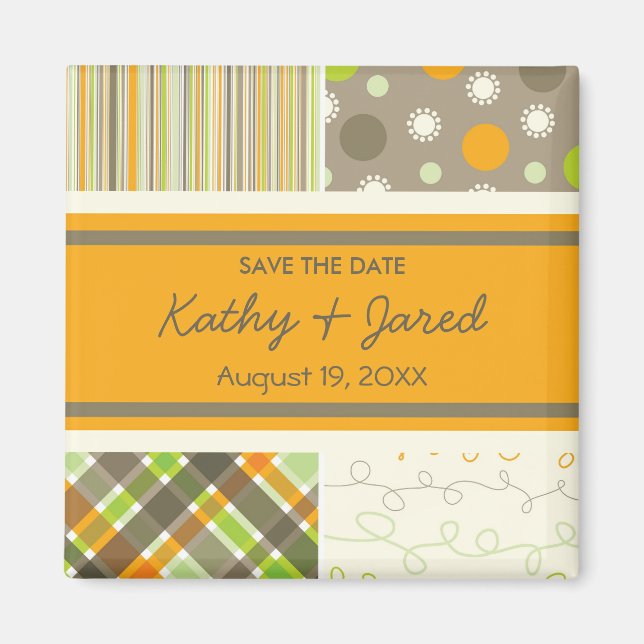 Retro Orange Green Scrapbook Squares Save The Date Magnet (Front)