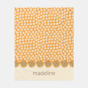 Retro Orange Groovy Floral Fleece Blanket