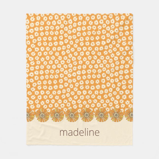 Retro Orange Groovy Floral Fleece Blanket (Front)