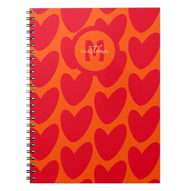Retro Orange Groovy Red Hearts Name Over Monogram Notebook (Front)