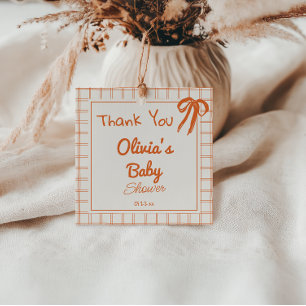 Retro Orange Hand Drawn Gingham Bow Baby Shower Favour Tags