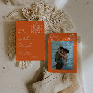 Retro Orange Hand Drawn Summer Wedding Photo Save The Date