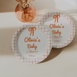 Retro Orange Hand Drawn Written Bow Baby Shower Paper Plate