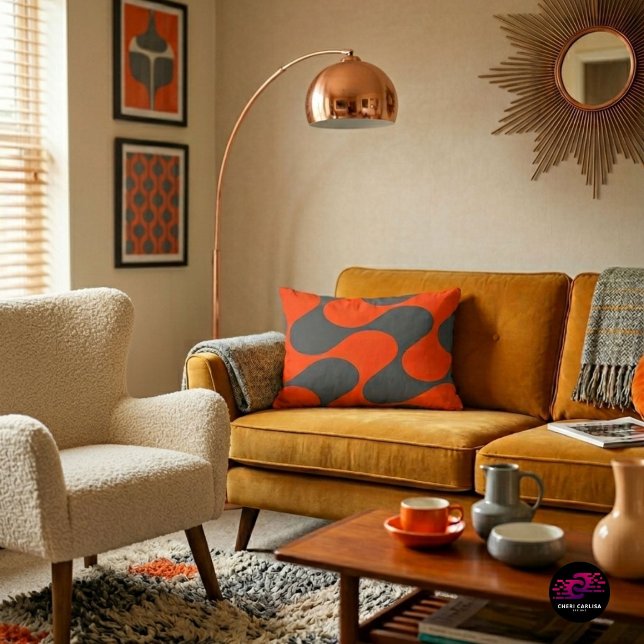 Retro Orange Mod Wave Pattern Accent Pillow (Your sofa just found its personality.)