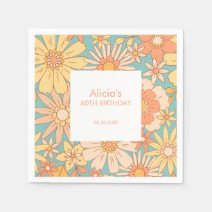Retro Orange Peach Botanical Green 60th Birthday Napkin