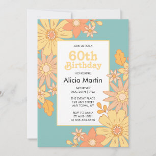 Retro Orange Peach Flora Groovy 60th Birthday Invitation