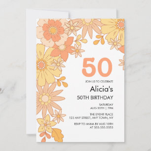 Retro Orange Peach Flower Groovy 50th Birthday Invitation