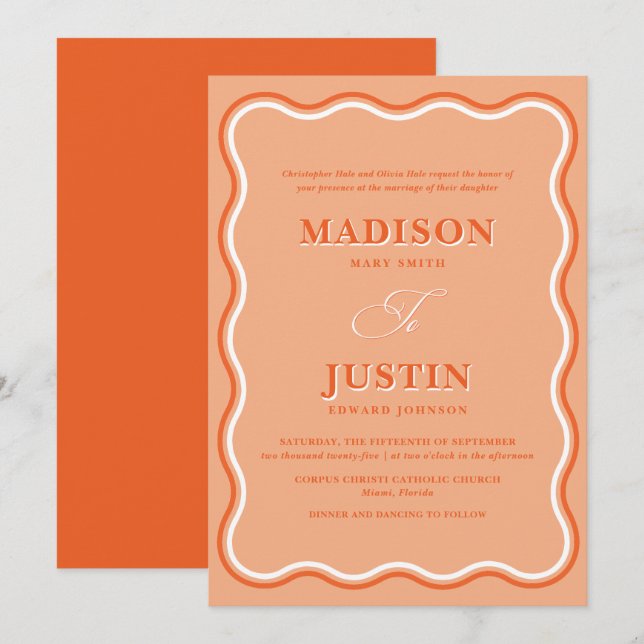 Retro Orange Peach Squiggle Curves Wavy Wedding Invitation (Front/Back)