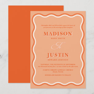 Retro Orange Peach Squiggle Curves Wavy Wedding Invitation