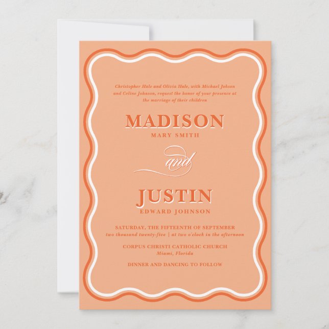 Retro Orange Peach Squiggle Curves Wavy Wedding Invitation (Front)