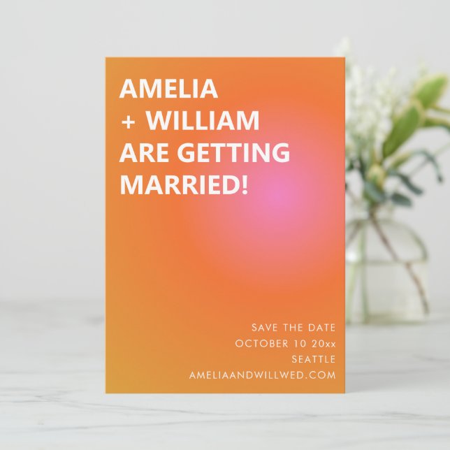 Retro Orange Pink Bold Gradient Modern Wedding  Save The Date (Standing Front)