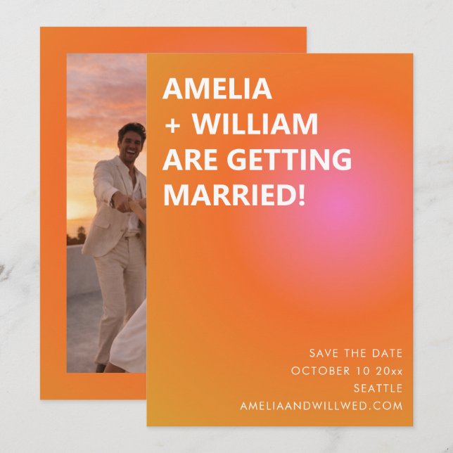 Retro Orange Pink Bold Gradient Photo Wedding  Save The Date (Front/Back)