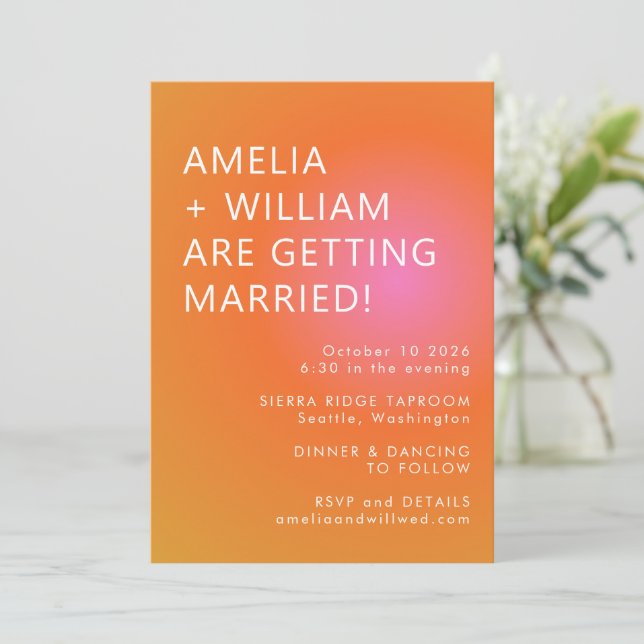 Retro Orange Pink Bold Gradient Unique Wedding  Invitation (Standing Front)