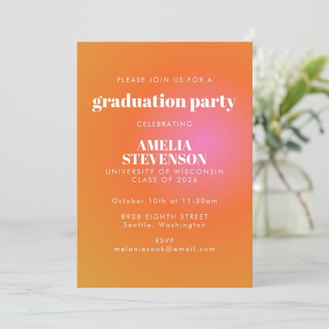 Retro Orange Pink Gradient Unique Graduation Party Invitation (Standing Front)