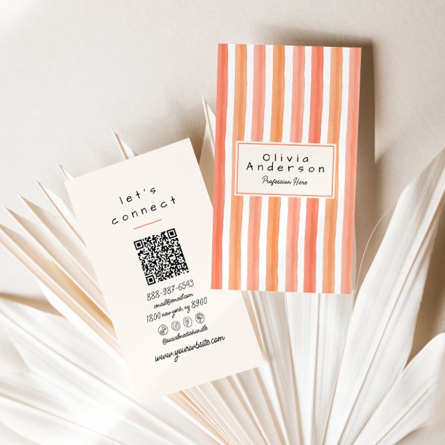 Retro Orange Pink Hand Drawn Stripes Girly QR Code Business Card (Creator Uploaded)