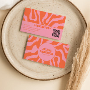 Retro Orange Pink QR Code 70s Boho Groovy Trendy Business Card